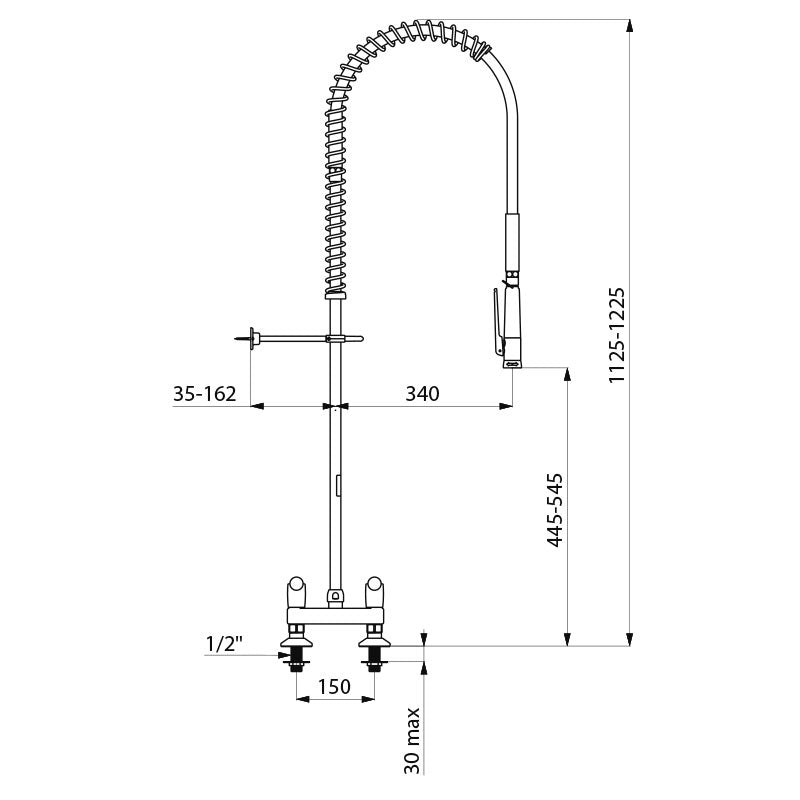 Delabie Voorspoelkraan tweegats op blad hartafstand 150 mm zonder tapkraan, rvs met zwarte sproeier - maattekening