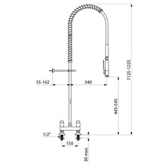 Delabie Voorspoelkraan tweegats op blad hartafstand 150 mm zonder tapkraan, rvs met zwarte sproeier - maattekening