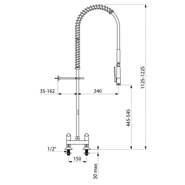 Delabie Voorspoelkraan tweegats op blad hartafstand 150 mm zonder tapkraan, rvs met zwarte sproeier - maattekening