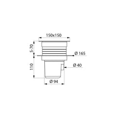Delabie Doucheput 150 x 150 mm met regelbare hoogte en uitgang Ø40 voor betegelde vloer of ruwe beton - maattekening