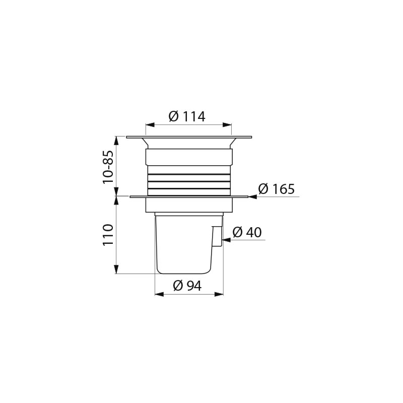 Delabie Doucheput Ø114 mm met regelbare hoogte en uitgang Ø40 voor zachte vloer of vinyl - maattekening
