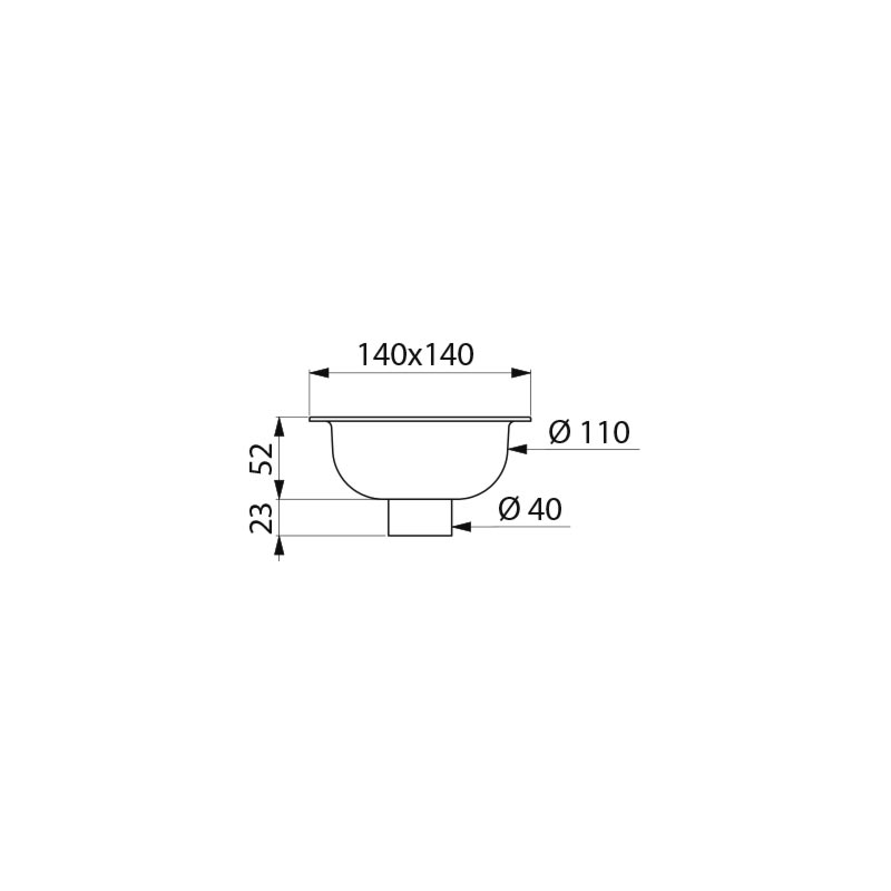 Delabie Doucheput 140 x 140 mm RVS voor harde vloer uitgang Ø40 - maattekening