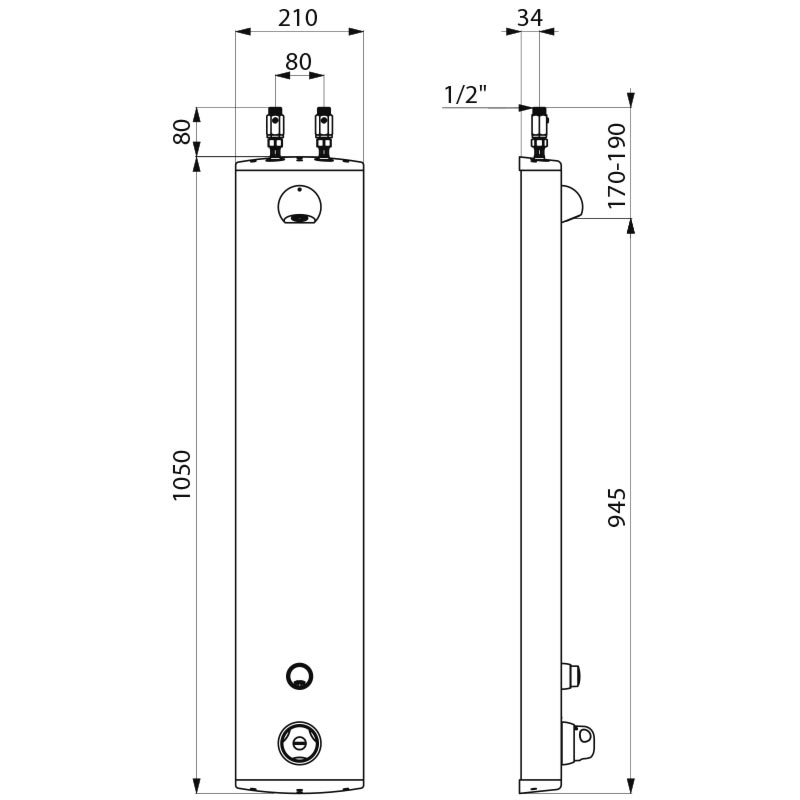 Delabie SECURITHERM thermostatisch zelfsluitend douchepaneel opbouw aluminium - maattekening