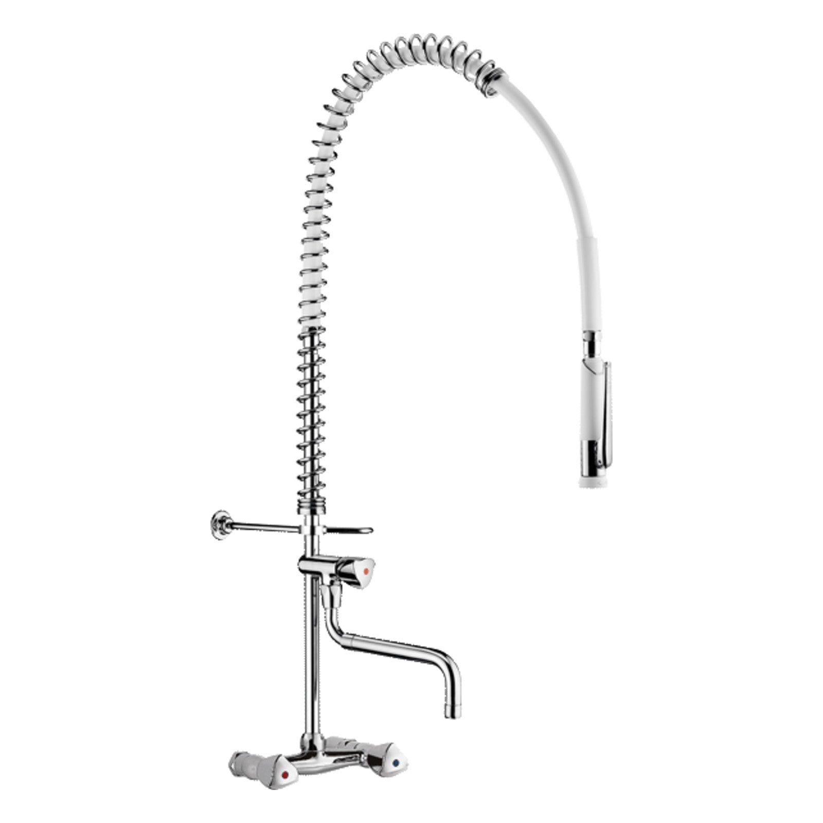 Delabie Voorspoelkraan muurmodel hartafstand 150 mm met tapkraan en telescopische uitloop, rvs met witte sproeier