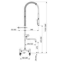 Delabie Voorspoelkraan tweegats op blad hartafstand 100-240 mm met tapkraan en telescopische uitloop, rvs met witte sproeier - maattekening
