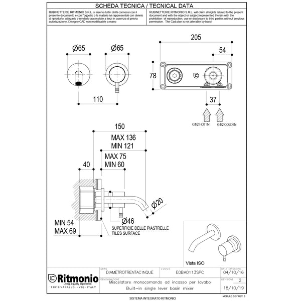 Ritmonio Diametro35-S Washbasin tap low 127mm