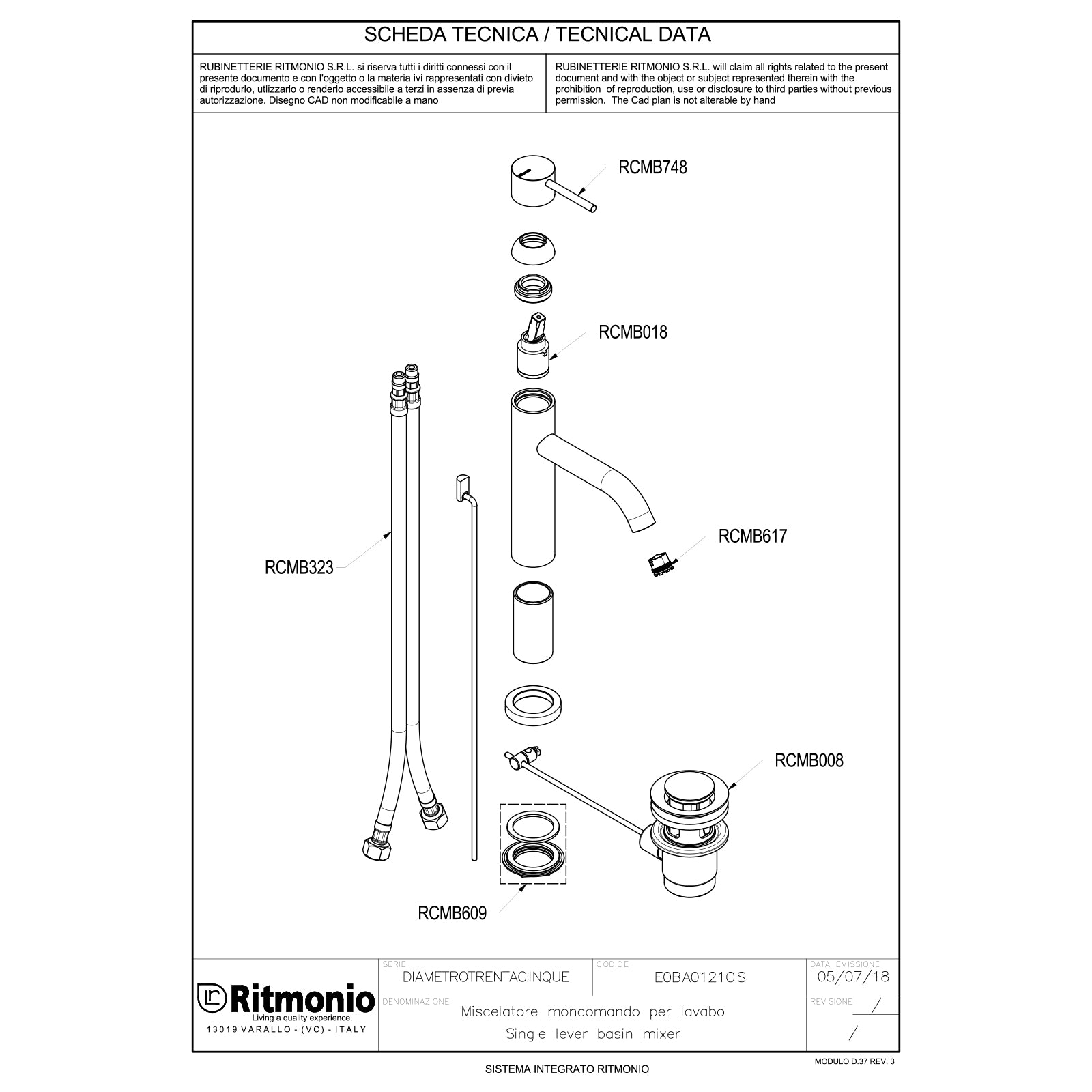 Ritmonio Diametro35 Wastafelkraan laag 126mm met waste E0BA0121CS