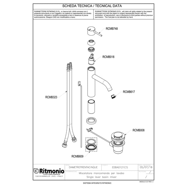 Ritmonio Diametro35 Wastafelkraan laag 126mm met waste E0BA0121CS