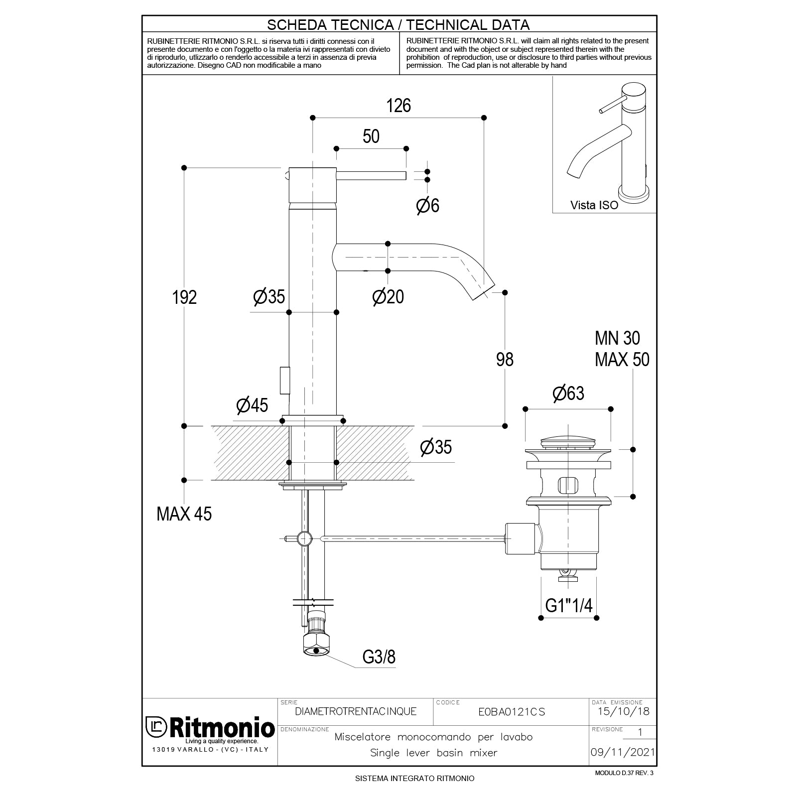 Ritmonio Diametro35 Wastafelkraan laag 126mm met waste E0BA0121CS