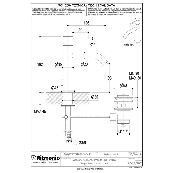 Ritmonio Diametro35 Wastafelkraan laag 126mm met waste E0BA0121CS