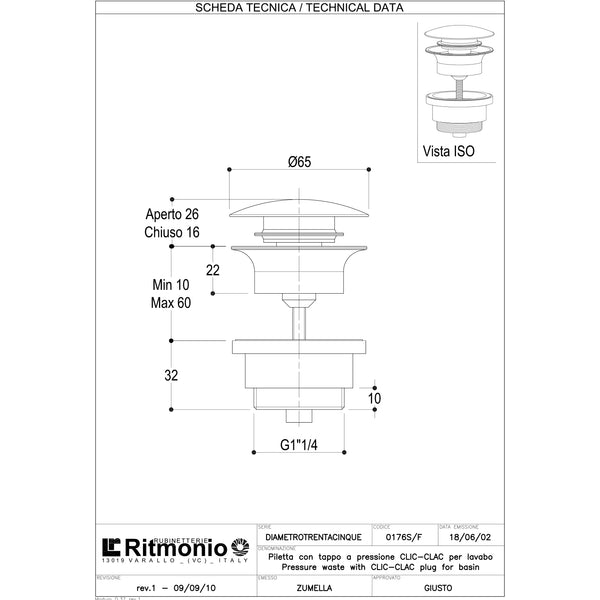 Ritmonio wastafel-plug Clic-Clac E0BA0176S/F