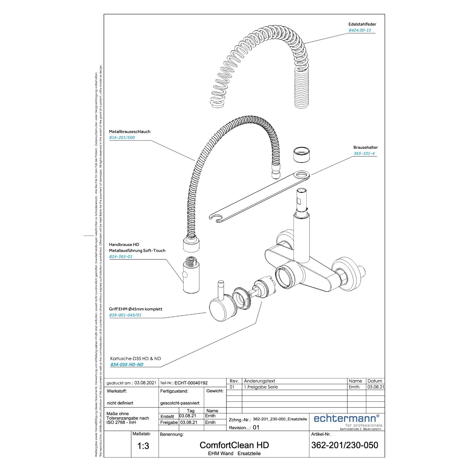 Echtermann Comfort CLEAN wall model 1-lever low installation height stainless steel stainless steel
