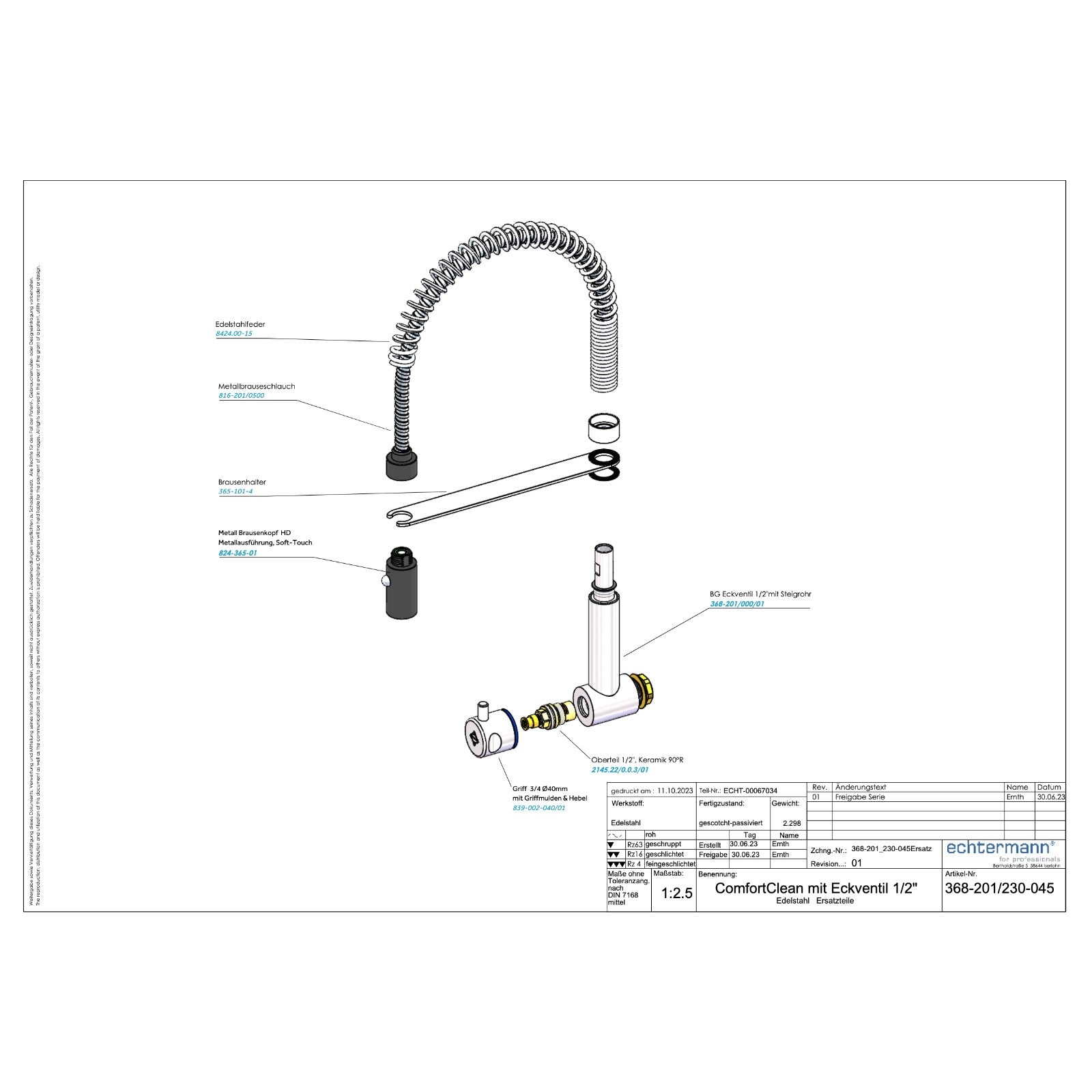 Echtermann Comfort Clean wand-zwenkventiel 1-greeps lage bouwhoogte RVS Artikel nummer 368-201/230-045
