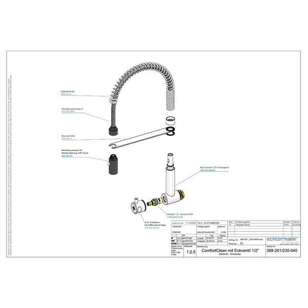 Echtermann Comfort Clean wand-zwenkventiel 1-greeps lage bouwhoogte RVS Artikel nummer 368-201/230-045