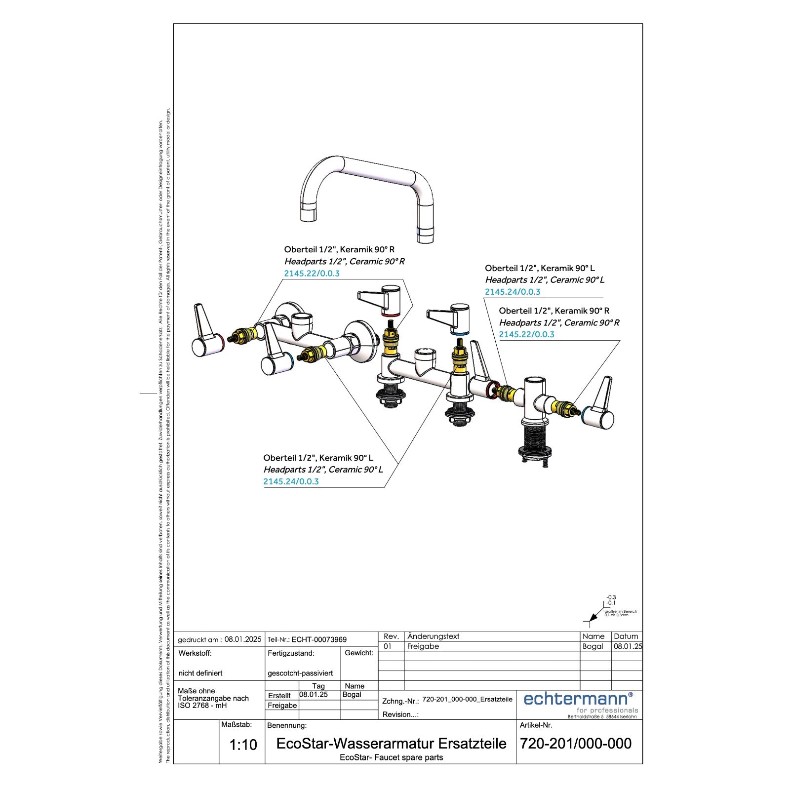 Echtermann ECOSTAR 2-greeps mengkraan 1-gats met draaibare uitloop A=254mm H=132mm RVS 304 Artikel nummer 720-101/255-130