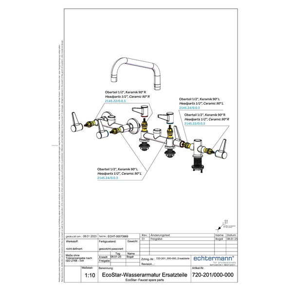 Echtermann ECOSTAR 2-greeps wandmengkraan met draaibare uitloop A=254mm H=100mm RVS 304 Artikel nummer 721-201/255-100