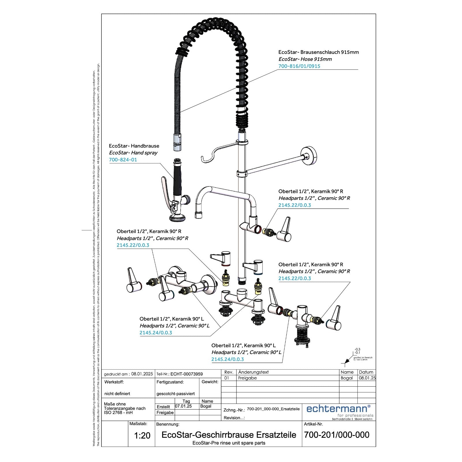 Echtermann ECOSTAR voorspoeldouche 1-gats bladmodel zonder tussenkraan RVS 304 Artikel nummer 700-101/000