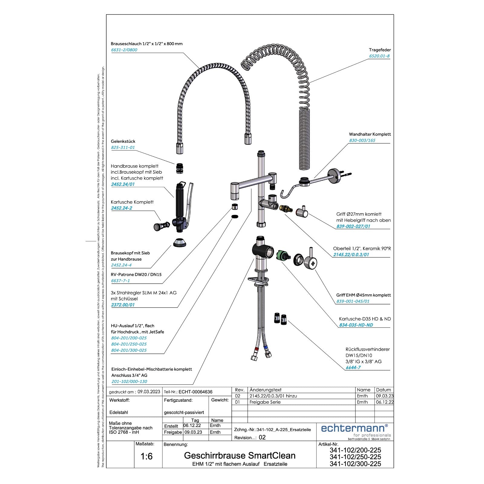 Echtermann Smart Clean voorspoeldouche 1-gats bladmodel 1-hendel met tussenkraan RVS Artikel nummer 341-102/200-225