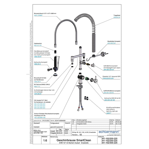 Echtermann Smart Clean voorspoeldouche 1-gats bladmodel 1-hendel met tussenkraan RVS Artikel nummer 341-102/250-225