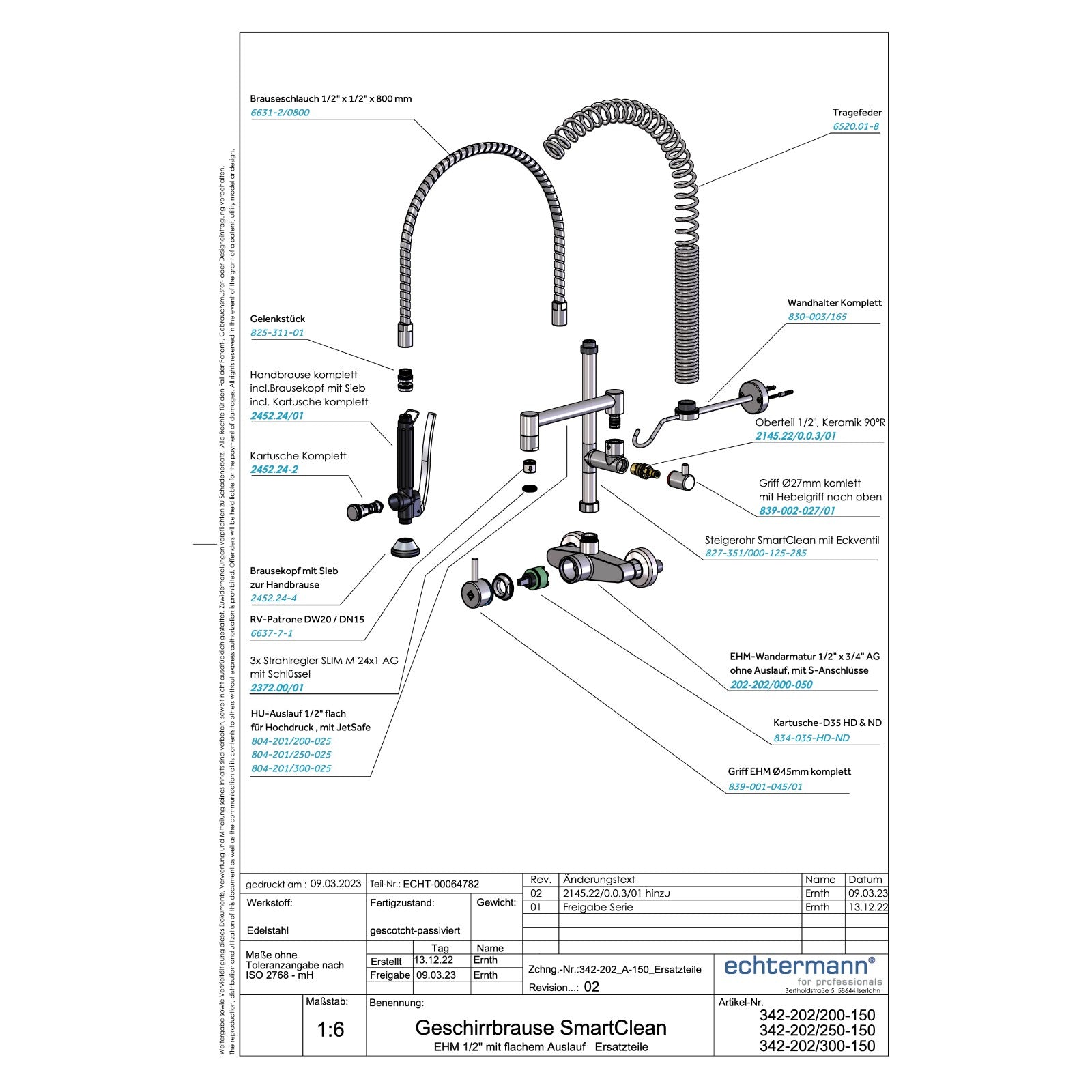 Echtermann Smart Clean voorspoeldouche wandmodel 1-hendel met tussenkraan RVS Artikel nummer 342-202/300-150