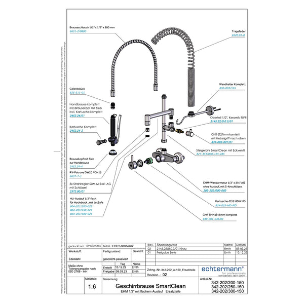 Echtermann Smart Clean voorspoeldouche wandmodel 1-hendel met tussenkraan RVS Artikel nummer 342-202/300-150
