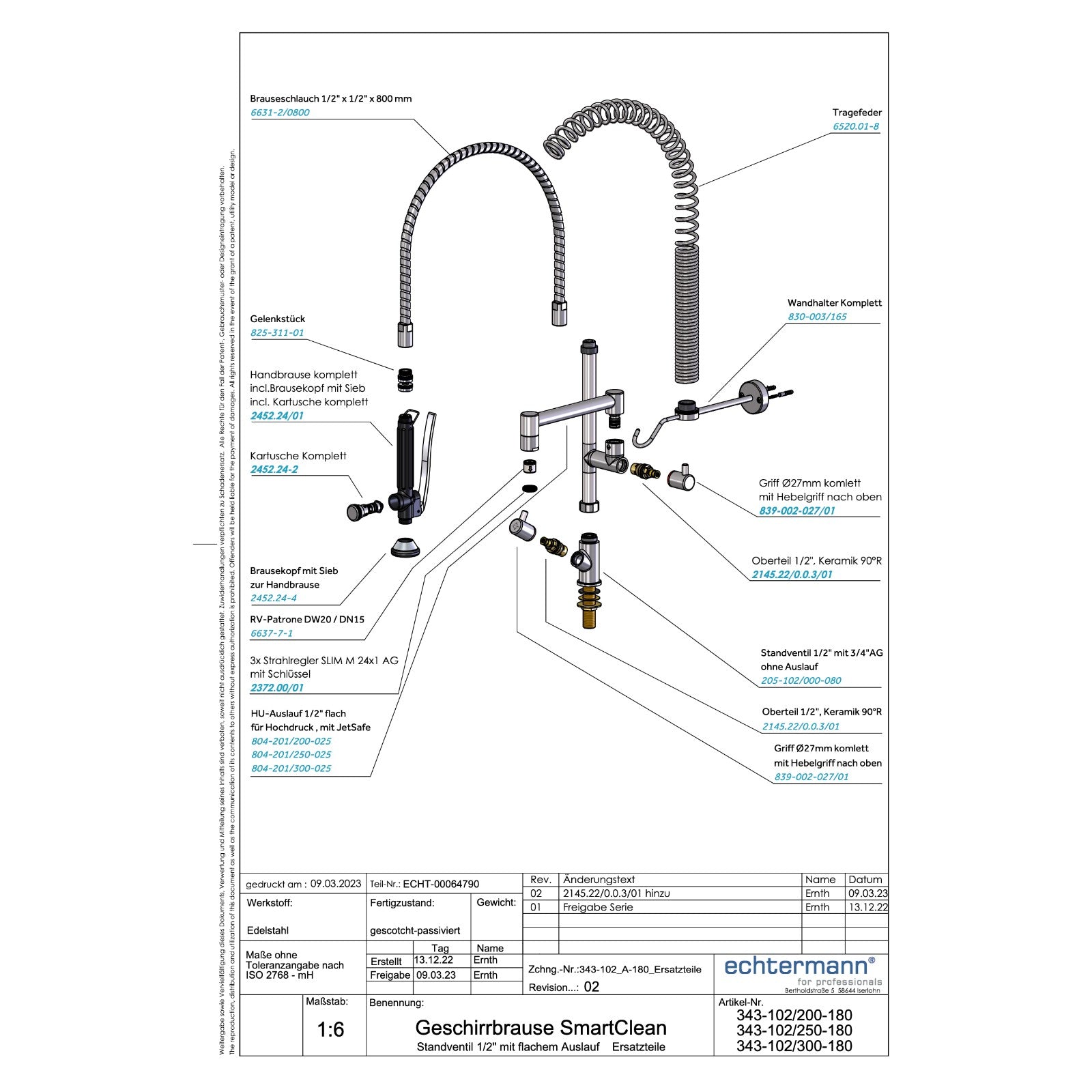 Echtermann Smart Clean voorspoeldouche 1-gats bladmodel 1-greeps met tussenkraan RVS Artikel nummer 343-102/250-180