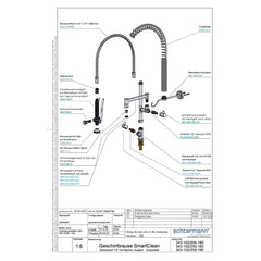 Echtermann Smart Clean voorspoeldouche 1-gats bladmodel 1-greeps met tussenkraan RVS Artikel nummer 343-102/250-180