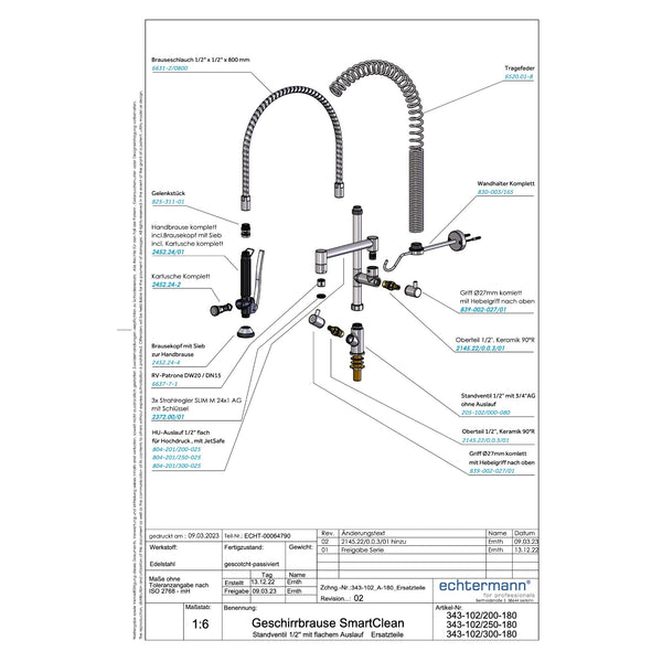 Echtermann Smart Clean voorspoeldouche 1-gats bladmodel 1-greeps met tussenkraan RVS Artikel nummer 343-102/250-180