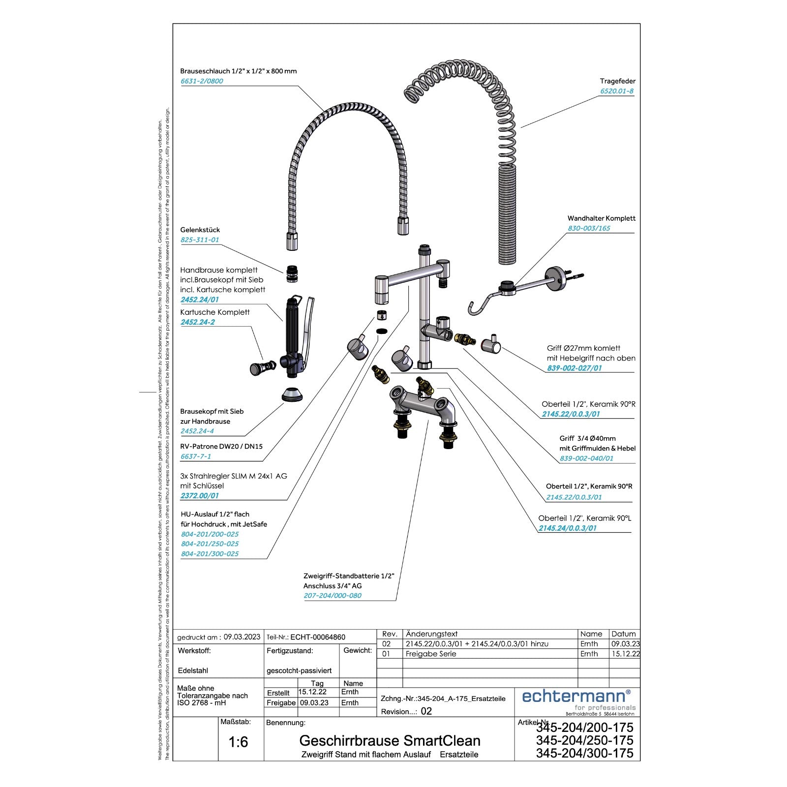 Echtermann Smart Clean voorspoeldouche 2-gats bladmodel 2-greeps met tussenkraan RVS Artikel nummer 345-204/250-175