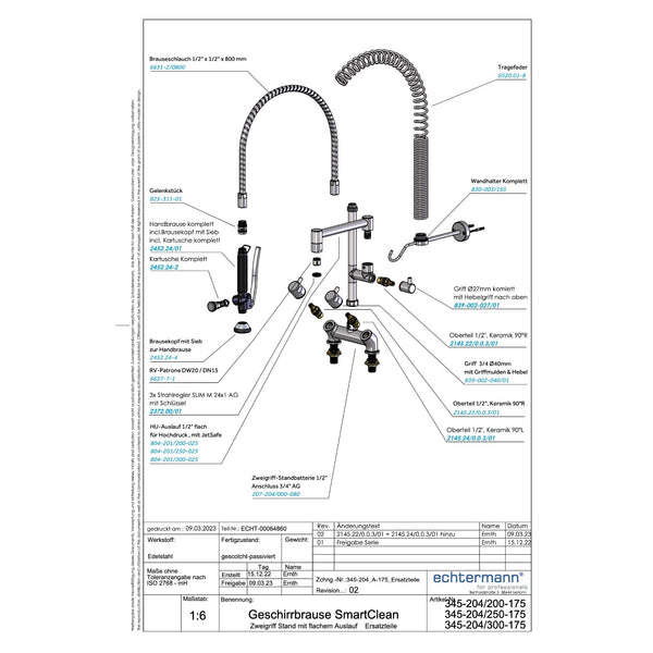 Echtermann Smart Clean voorspoeldouche 2-gats bladmodel 2-greeps met tussenkraan RVS Artikel nummer 345-204/200-175