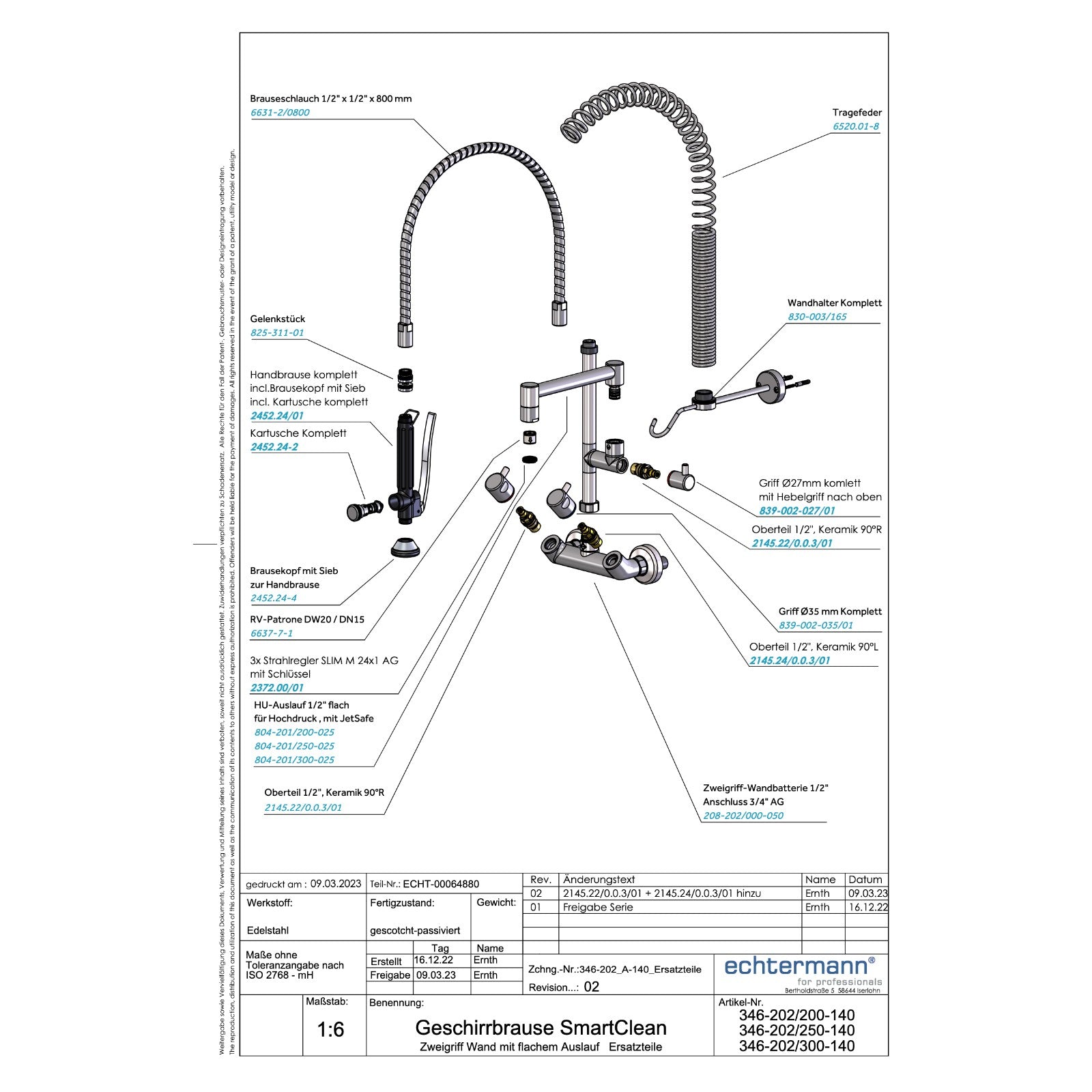 Echtermann Smart Clean voorspoeldouche wandmodel 2-greeps met tussenkraan RVS Artikel nummer 346-202/200-140