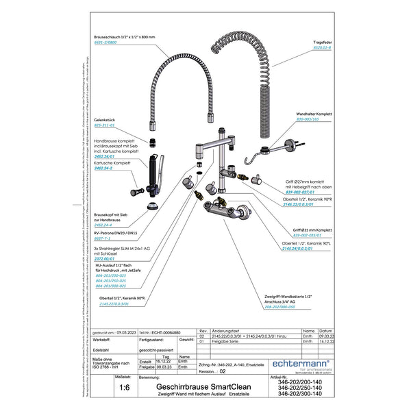 Echtermann Smart Clean voorspoeldouche wandmodel 2-greeps met tussenkraan RVS Artikel nummer 346-202/200-140