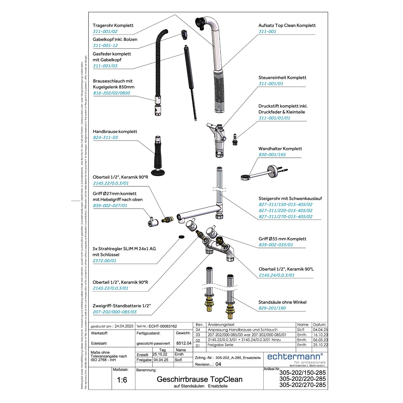 Echtermann Top Clean voorspoeldouche 2-gats bladmodel 2-greeps met tussenkraan RVS Artikel nummer 305-202/220-285