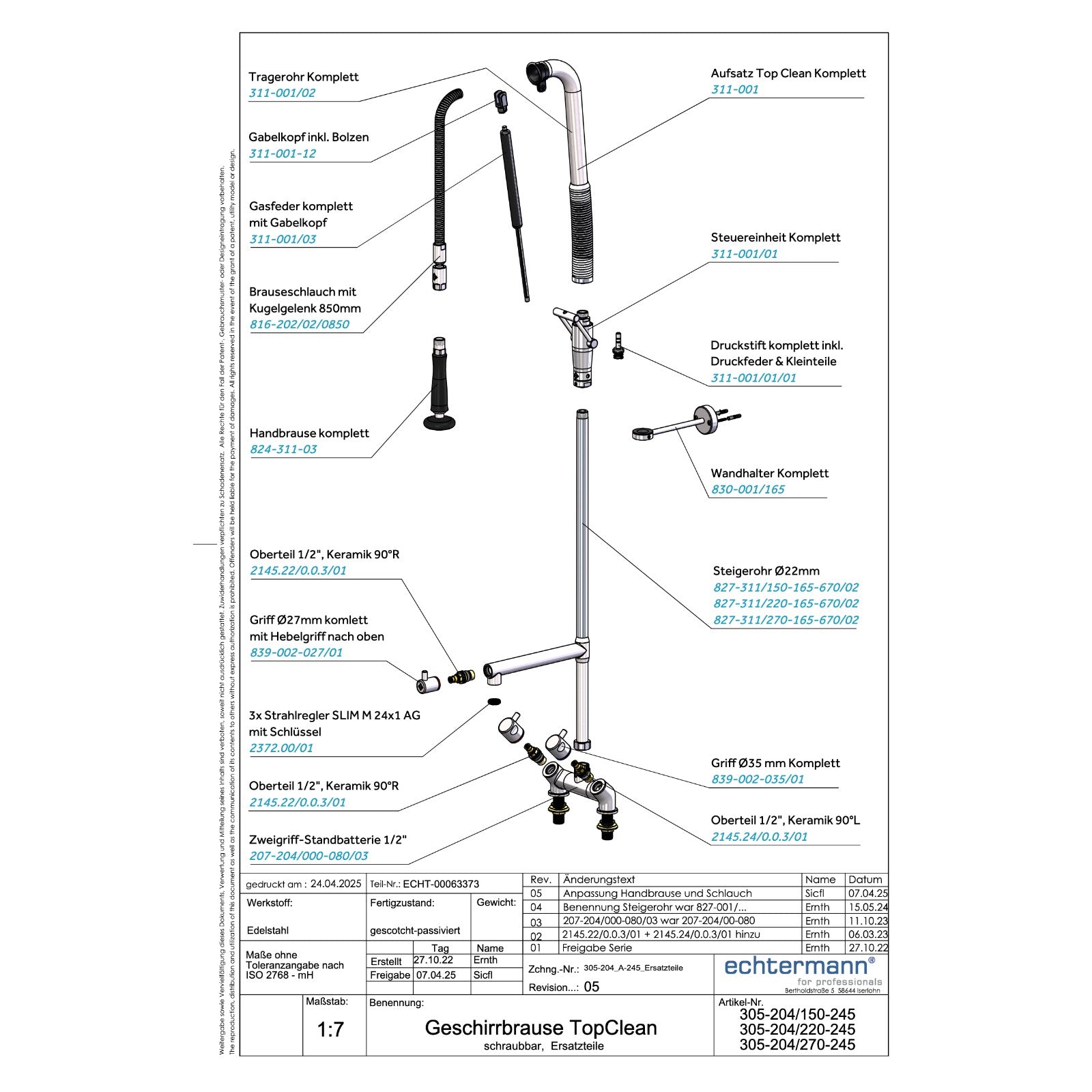 Echtermann Top Clean voorspoeldouche 2-gats bladmodel 2-greeps met tussenkraan laag model RVS Artikel nummer 305-204/220-245