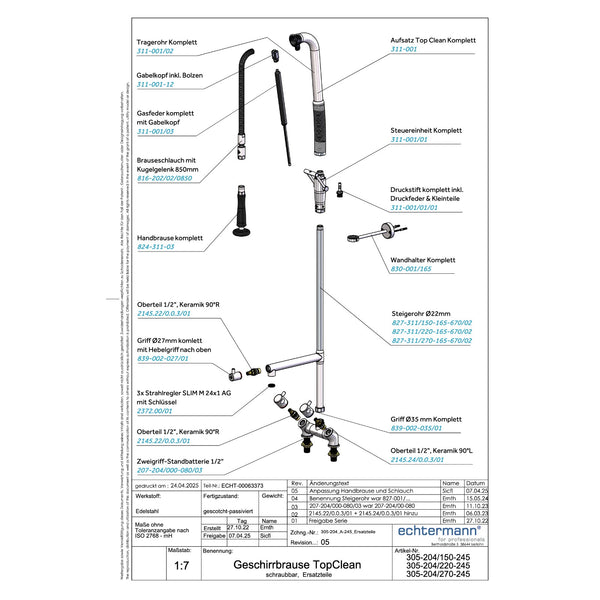 Echtermann Top Clean voorspoeldouche 2-gats bladmodel 2-greeps met tussenkraan laag model RVS Artikel nummer 305-204/220-245