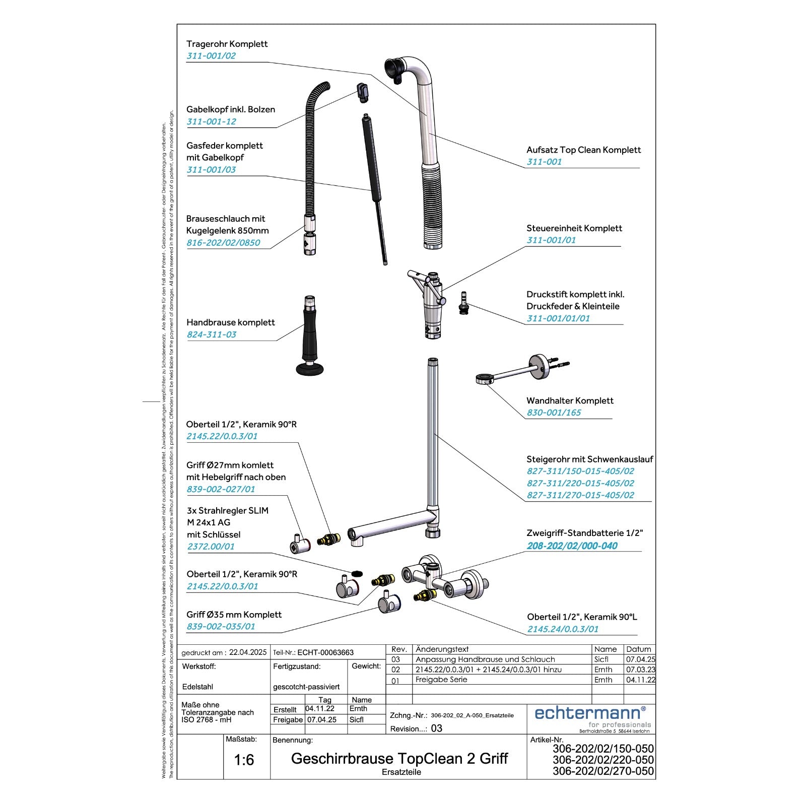Echtermann Top Clean voorspoeldouche wandmodel 2-greeps met tussenkraan RVS Artikel nummer 306-202/02/220-050