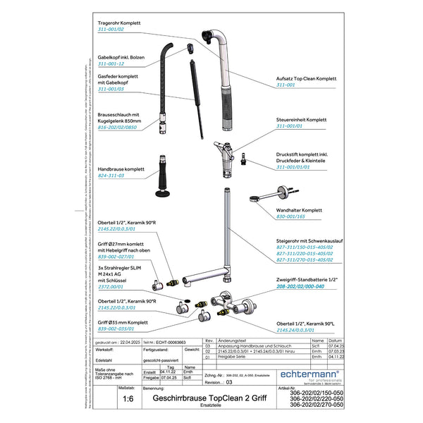 Echtermann Top Clean voorspoeldouche wandmodel 2-greeps met tussenkraan RVS Artikel nummer 306-202/02/220-050