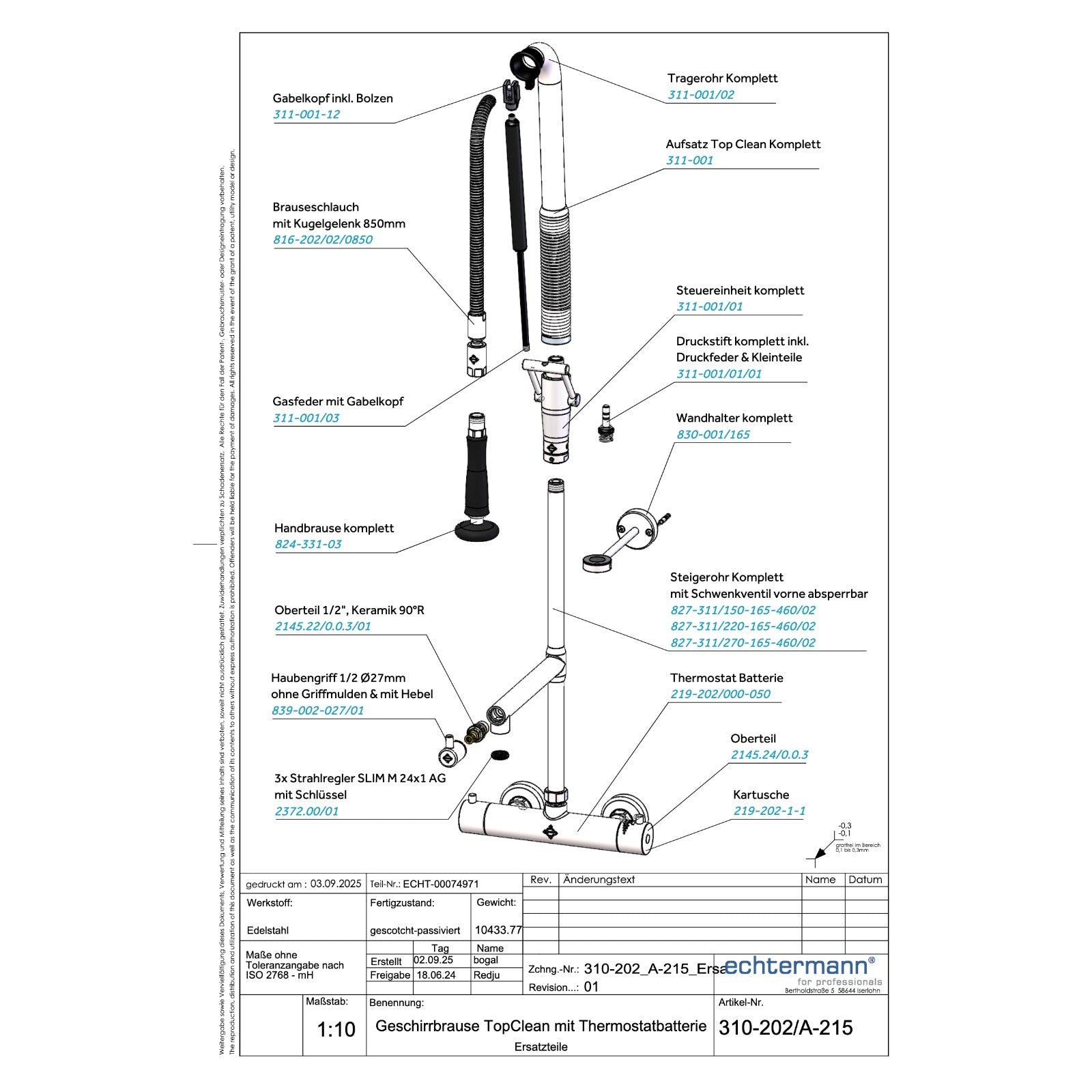 Echtermann Top Clean voorspoeldouche wandmodel met thermostaat en tussenkraan RVS Artikel nummer 310-202/220-215