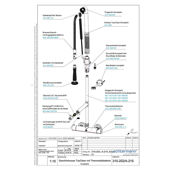 Echtermann Top Clean voorspoeldouche wandmodel met thermostaat en tussenkraan RVS Artikel nummer 310-202/220-215