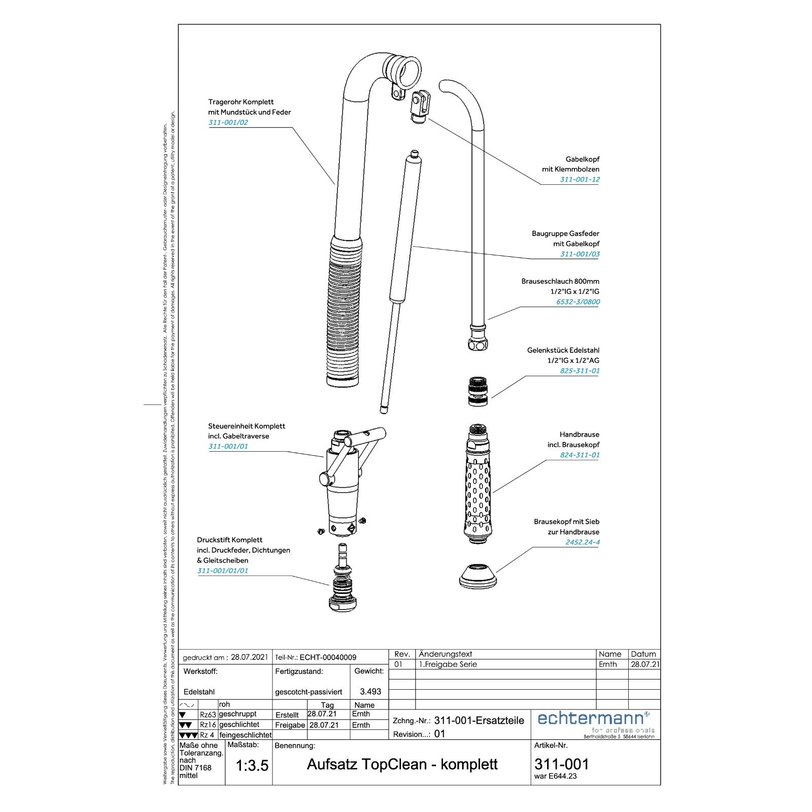 Echtermann Top Clean opzetstuk voor voorspoeldouche RVS Artikel nummer 311-001