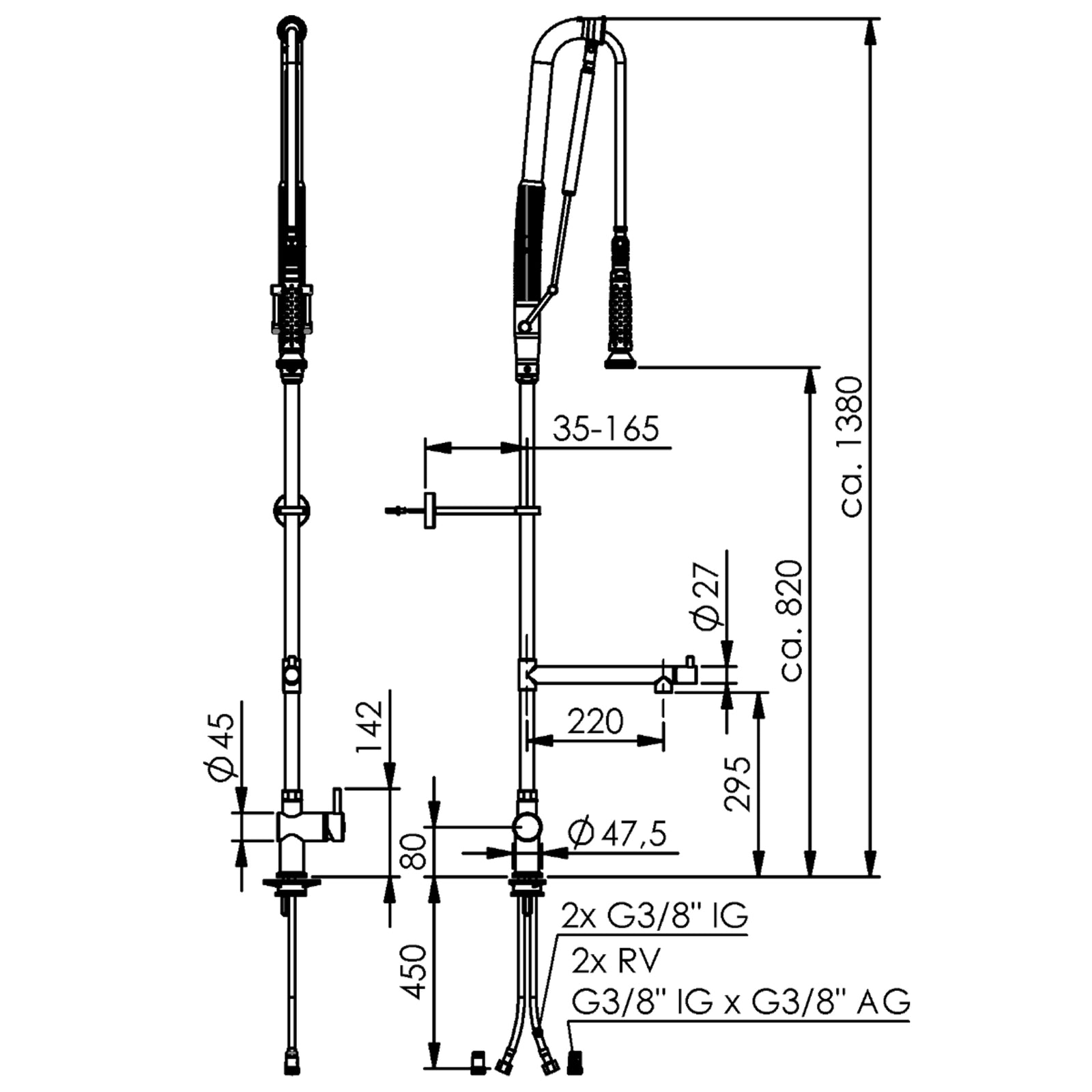 Echtermann Top Clean voorspoeldouche 1-gats bladmodel 1-hendel met tussenkraan RVS Artikel nummer 301-102/270-295