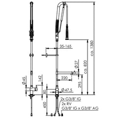 Echtermann Top Clean voorspoeldouche 1-gats bladmodel 1-hendel met tussenkraan RVS Artikel nummer 301-102/270-295