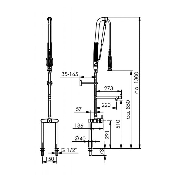 Echtermann Top Clean voorspoeldouche 2-gats bladmodel 1-hendel met tussenkraan RVS Artikel nummer 301-202/220-510