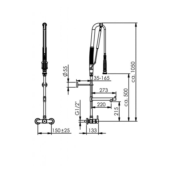 Echtermann Top Clean voorspoeldouche wandmodel 1-hendel met tussenkraan RVS Artikel nummer 302-202/220-215