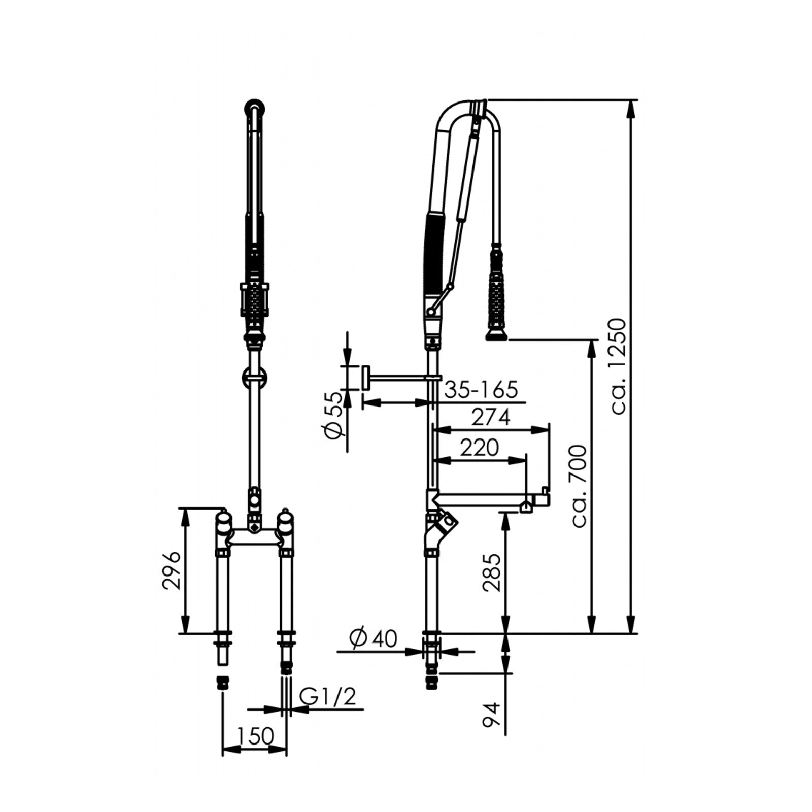 Echtermann Top Clean voorspoeldouche 2-gats bladmodel 2-greeps met tussenkraan RVS Artikel nummer 305-202/220-285