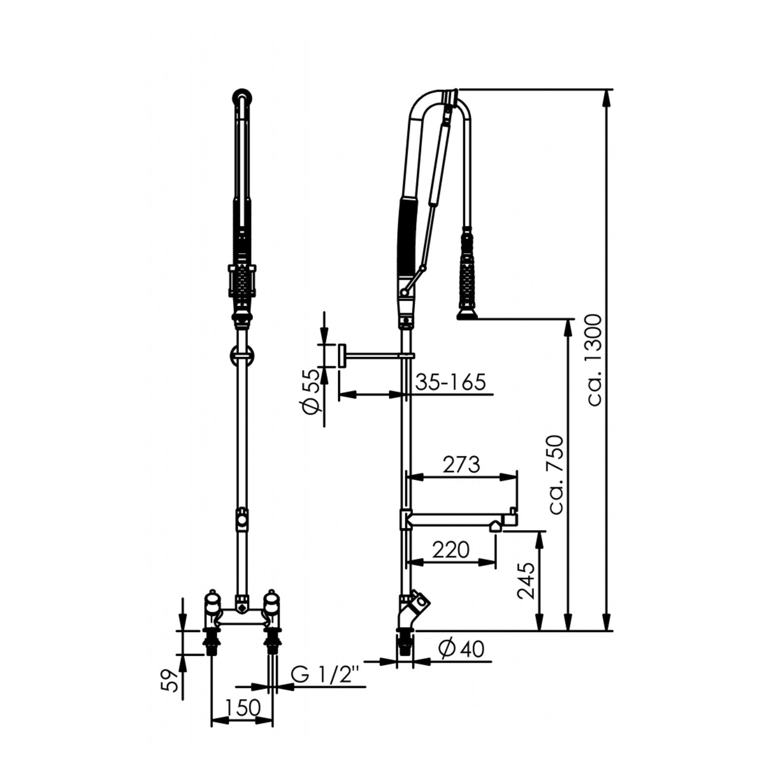 Echtermann Top Clean voorspoeldouche 2-gats bladmodel 2-greeps met tussenkraan laag model RVS Artikel nummer 305-204/220-245