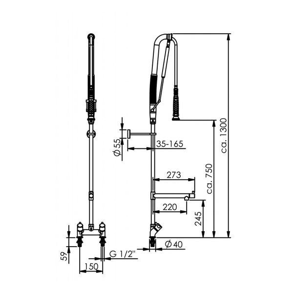 Echtermann Top Clean voorspoeldouche 2-gats bladmodel 2-greeps met tussenkraan laag model RVS Artikel nummer 305-204/220-245