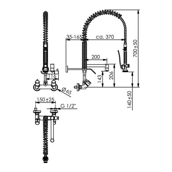 Echtermann Smart Clean voorspoeldouche wandmodel 2-greeps met tussenkraan RVS Artikel nummer 346-202/200-140