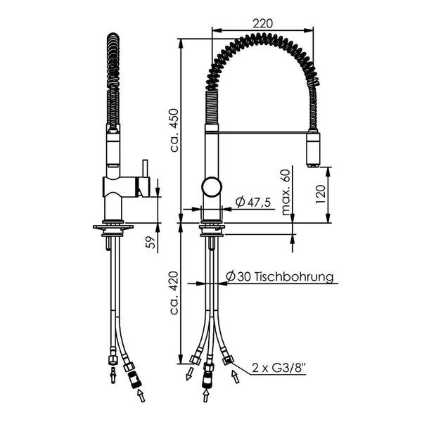 Echtermann Comfort Clean voorspoeldouche 1-gats bladmodel 1-hendel lage bouwhoogte lage druk RVS Artikel nummer 363-101/230-125