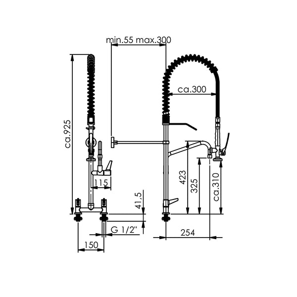 Echtermann ECOSTAR voorspoeldouche 2-gats bladmodel met tussenkraan RVS 304 Artikel nummer 700-201/255-325